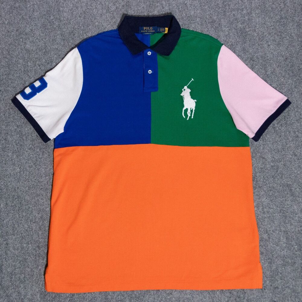 Polo Ralph Lauren Big Pony Color Block Short Sleeve Classic Fit Mesh Shirt Large